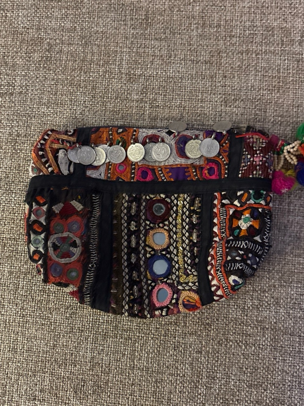 Handcrafted Multicolor Embroidered Women's Clutch with Coin Trim